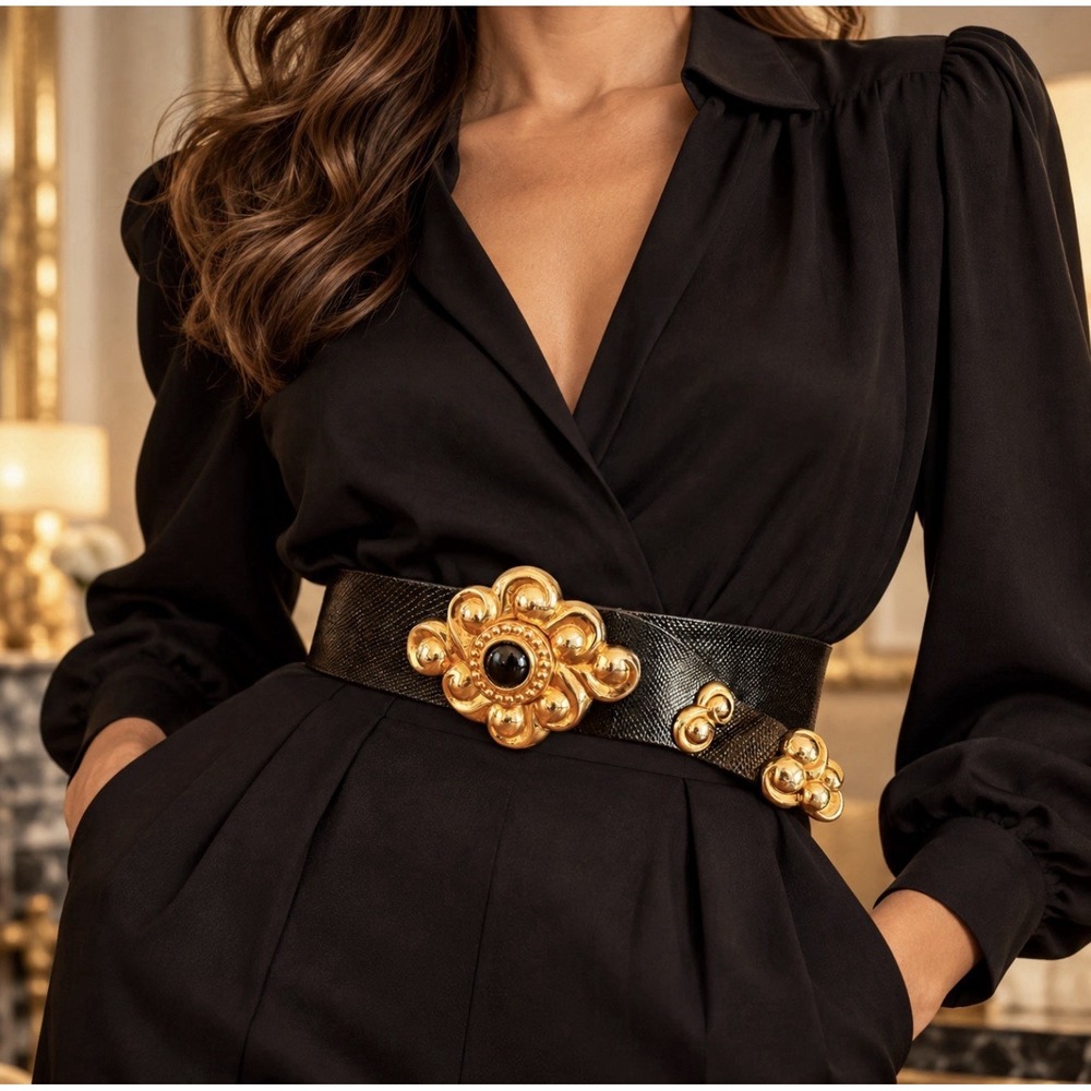 Judith Leiber Women's Wide Fashion Belt Black/Gold Floral Buckle Adjustable